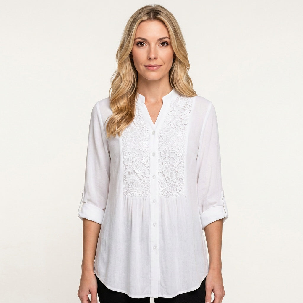 Tunic Blouse Lace Detail Button Closure Elegant Feminine Style