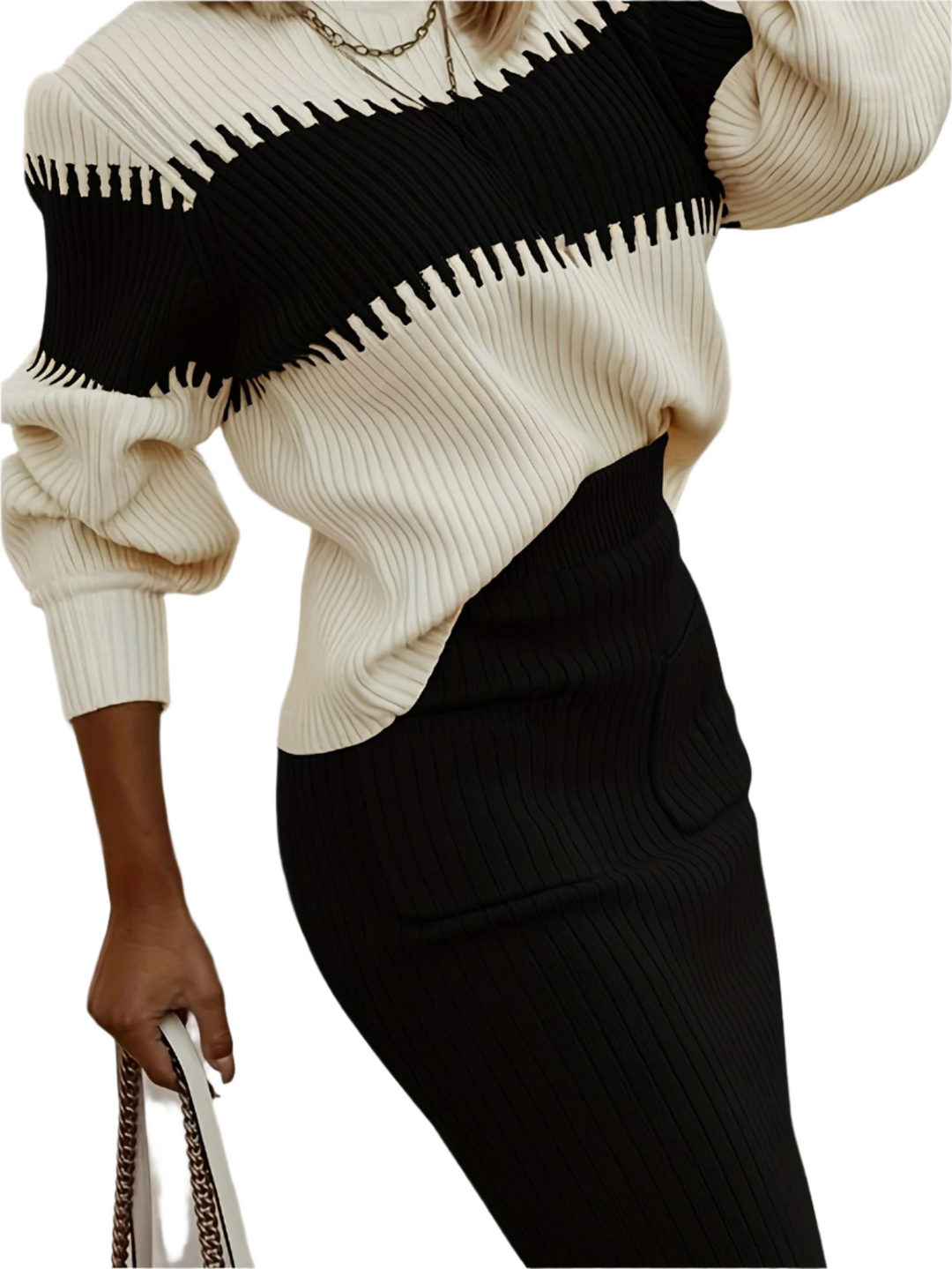 Two Piece Set Color Block Knit Sweater Midi Skirt Elegant Style