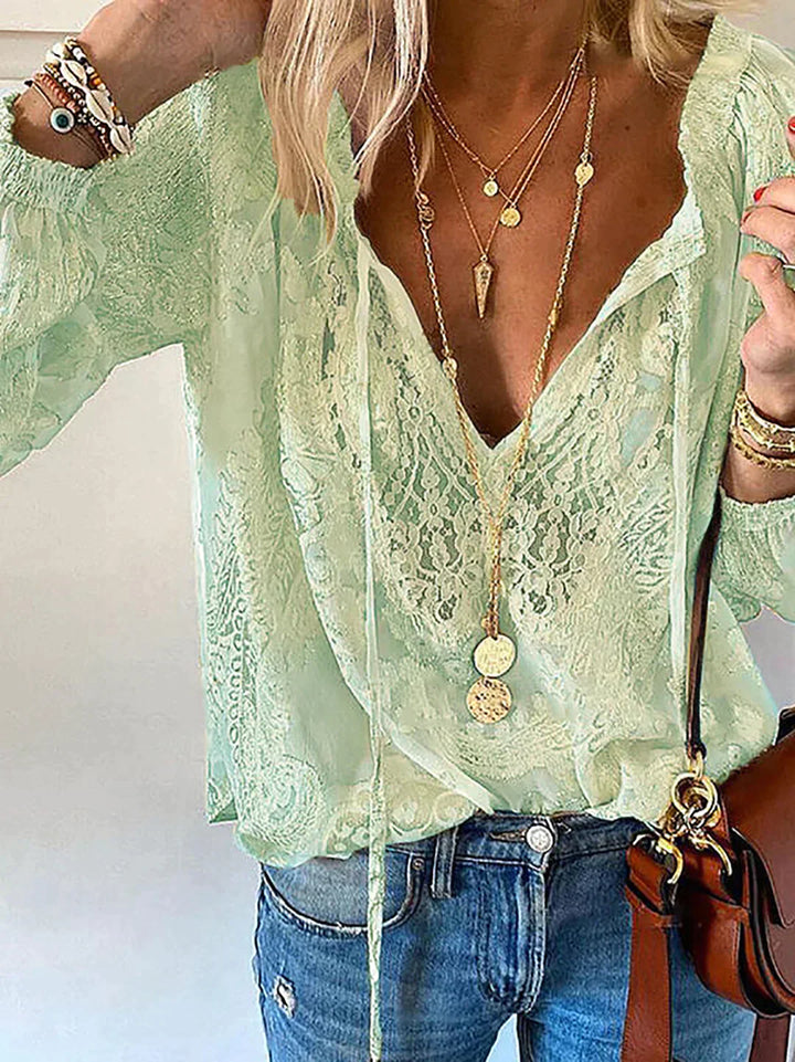 Blouse Lace Detail Tie Neck Relaxed Fit Boho Style