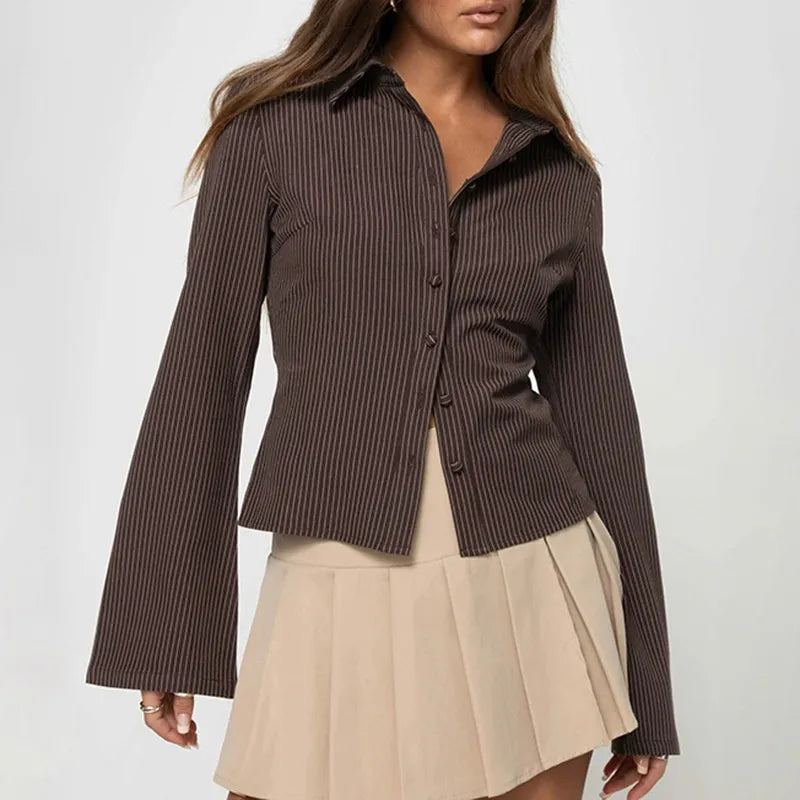 Blouse Pinstripe Button Up Flared Sleeve Retro Style