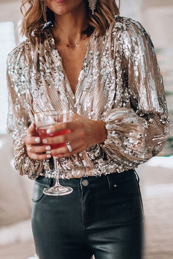 Sequin Wrap Blouse Elegant Evening Style
