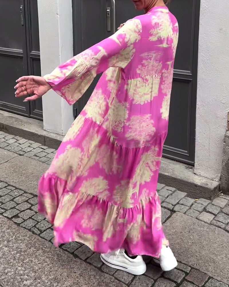 Maxi Dress Print Flounce Sleeves Stand Collar Stylish Airy