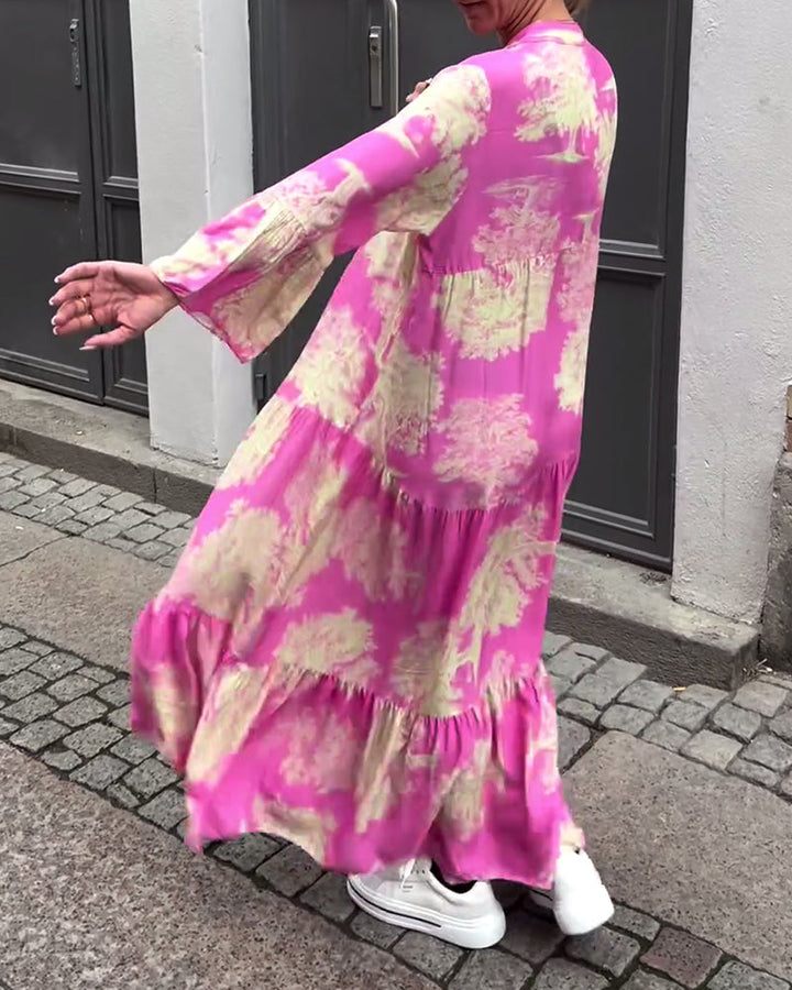 Maxi Dress Print Flounce Sleeves Stand Collar Stylish Airy