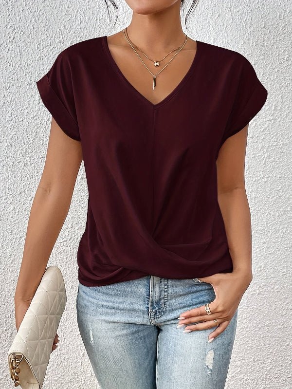 Top V Neck Draped Twist Front Casual Short Sleeve Everyday Style