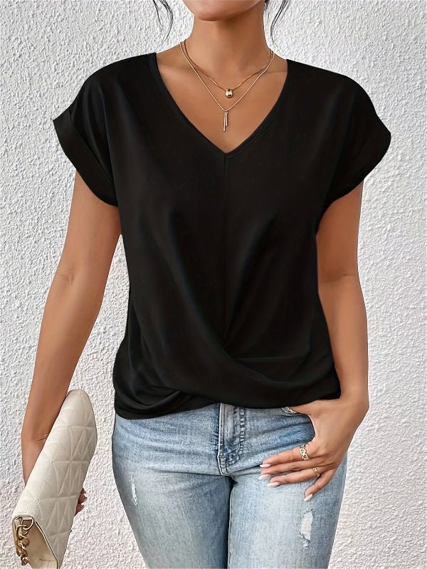 Top V Neck Draped Twist Front Casual Short Sleeve Everyday Style