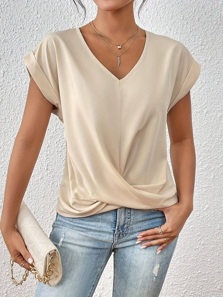 Top V Neck Draped Twist Front Casual Short Sleeve Everyday Style