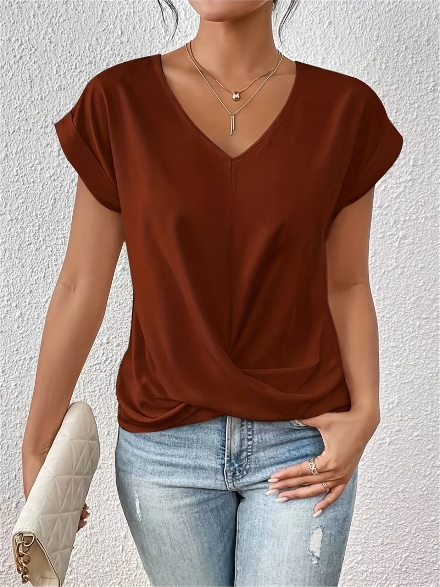 Top V Neck Draped Twist Front Casual Short Sleeve Everyday Style