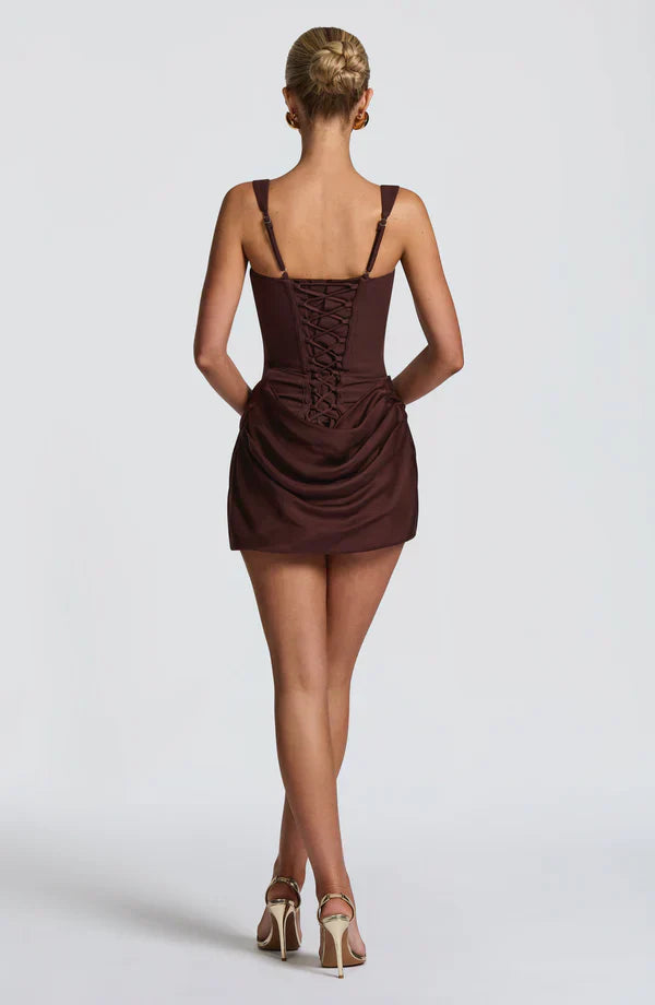 Womens Mini Dress with Square Neckline Wide Straps and Draped Skirt