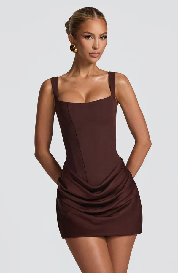 Womens Mini Dress with Square Neckline Wide Straps and Draped Skirt