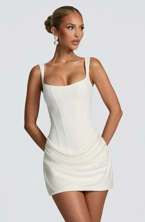 Womens Mini Dress with Square Neckline Wide Straps and Draped Skirt