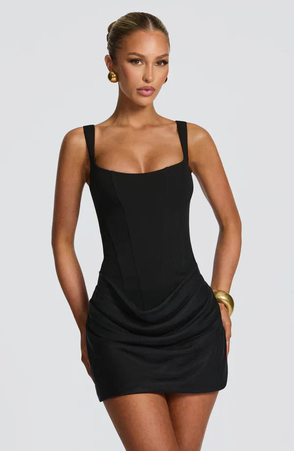 Womens Mini Dress with Square Neckline Wide Straps and Draped Skirt