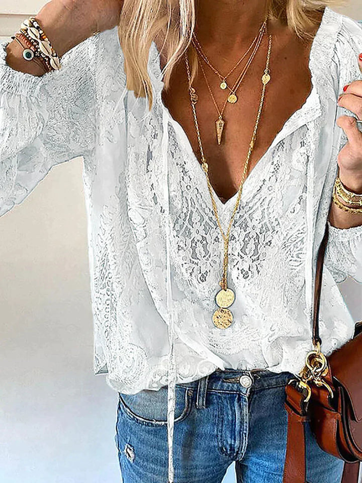 Blouse Lace Detail Tie Neck Relaxed Fit Boho Style