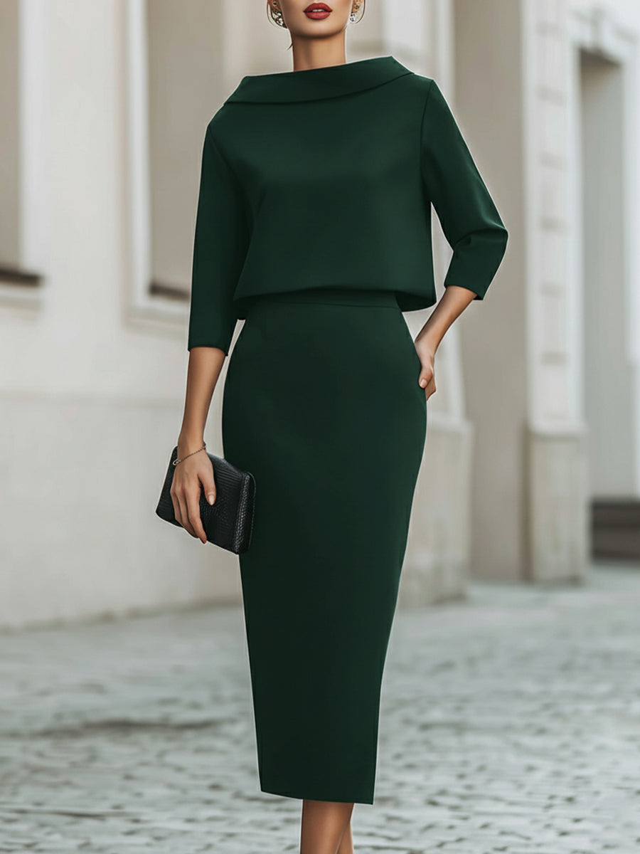 Midi Dress Boat Neck Elegant Tailored Silhouette Style