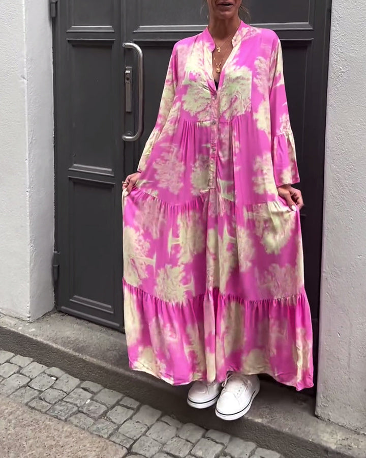 Maxi Dress Print Flounce Sleeves Stand Collar Stylish Airy
