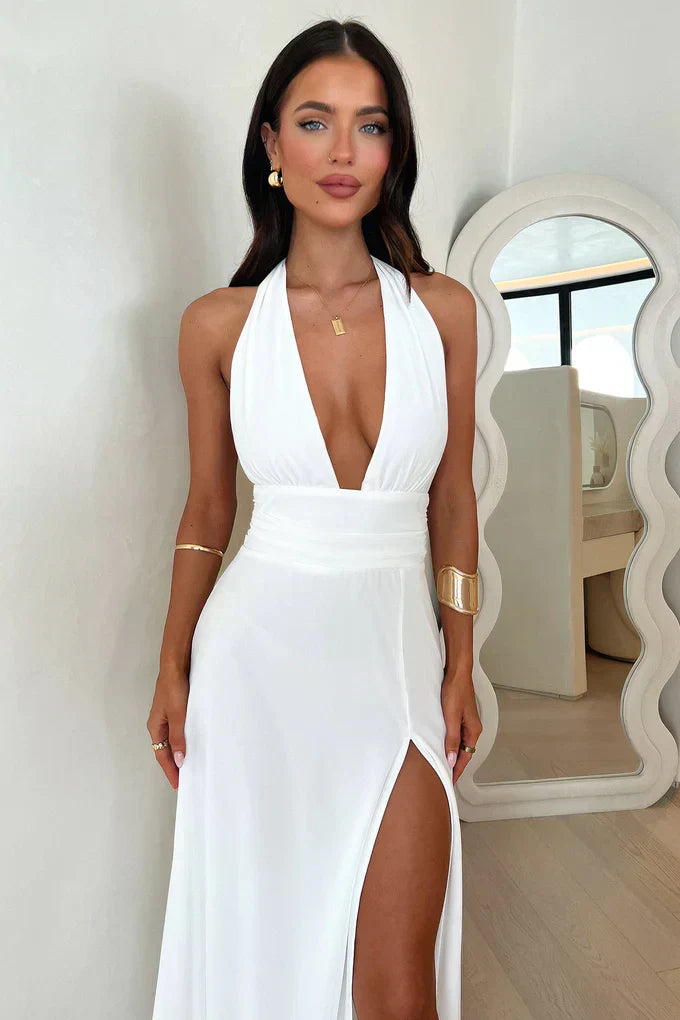 Maxi Dress Halter Neck Leg Slit Elegant Evening Style