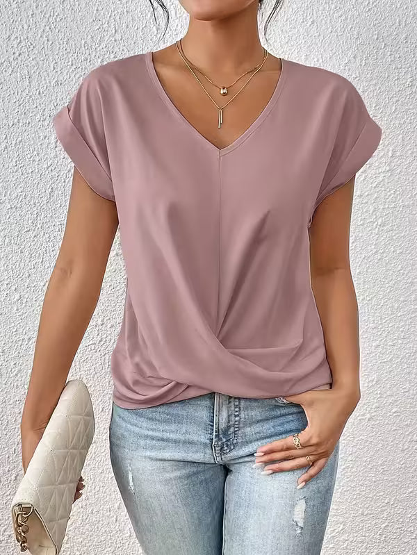 Top V Neck Draped Twist Front Casual Short Sleeve Everyday Style