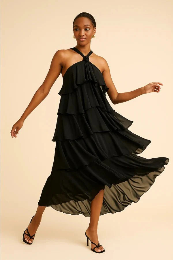 Maxi Dress Halter Neck Tiered Ruffle Elegant Evening Style
