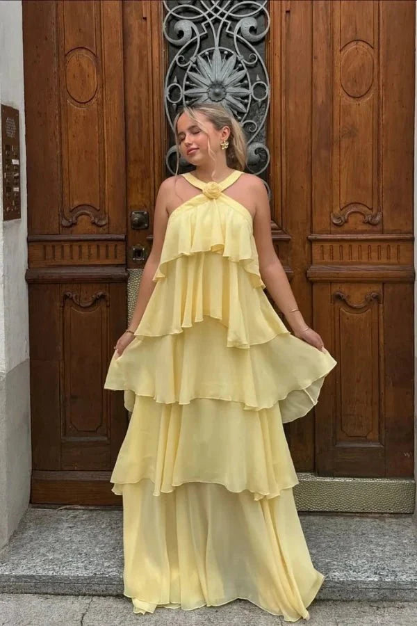Maxi Dress Halter Neck Tiered Ruffle Elegant Evening Style