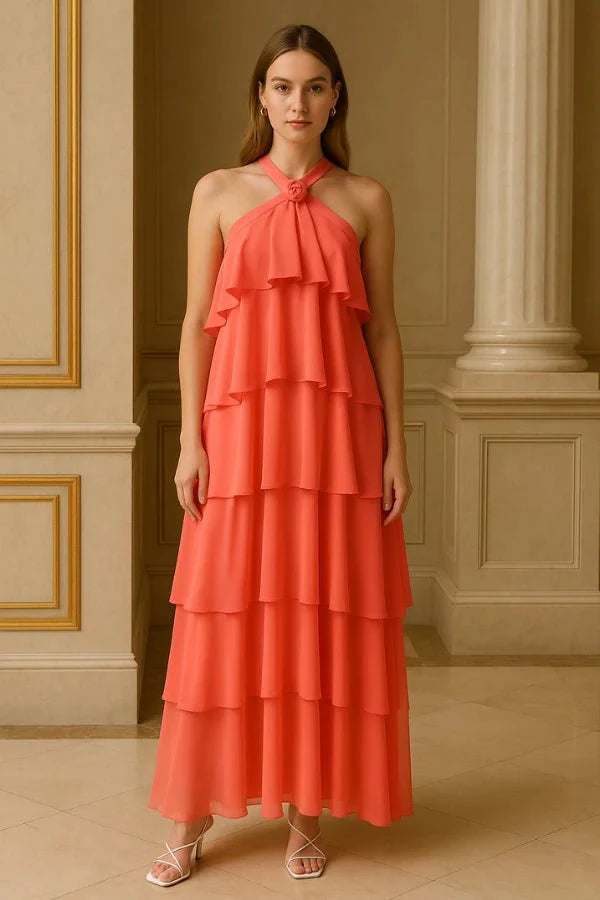 Maxi Dress Halter Neck Tiered Ruffle Elegant Evening Style