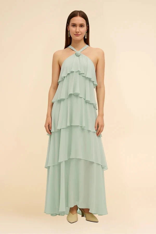 Maxi Dress Halter Neck Tiered Ruffle Elegant Evening Style