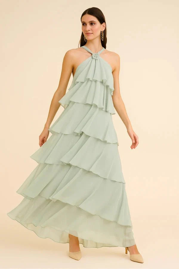 Maxi Dress Halter Neck Tiered Ruffle Elegant Evening Style