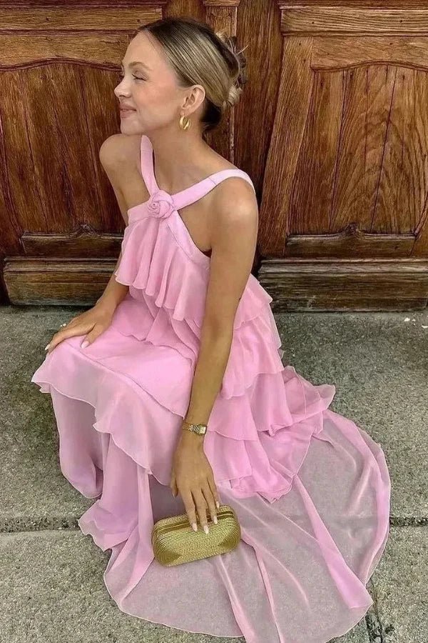 Maxi Dress Halter Neck Tiered Ruffle Elegant Evening Style