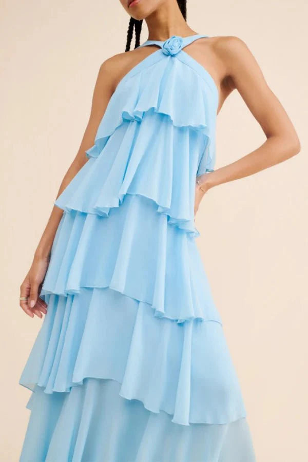 Maxi Dress Halter Neck Tiered Ruffle Elegant Evening Style