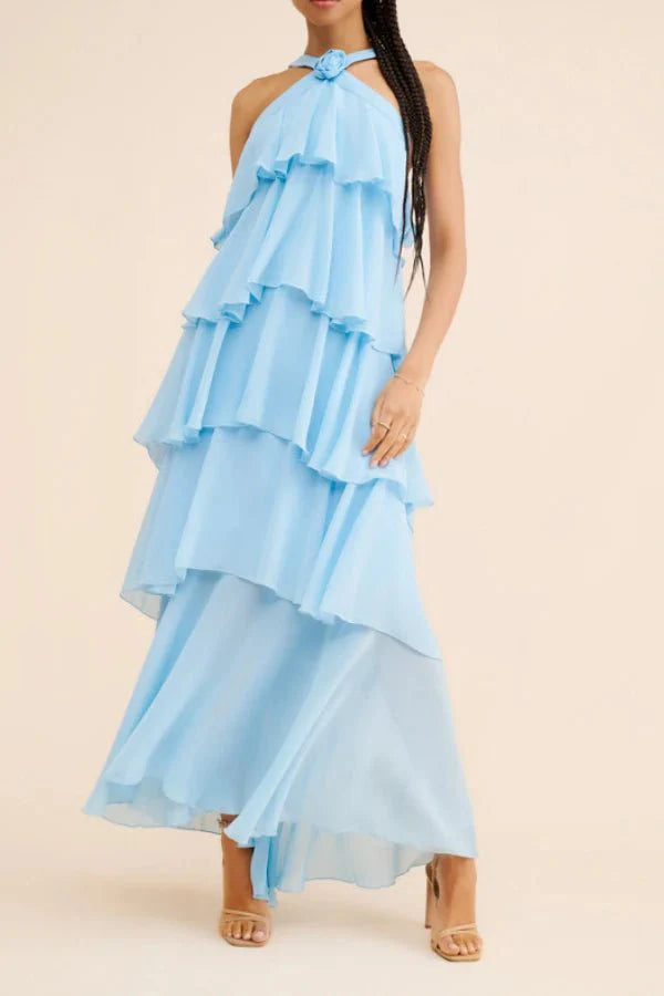 Maxi Dress Halter Neck Tiered Ruffle Elegant Evening Style
