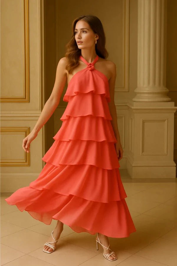 Maxi Dress Halter Neck Tiered Ruffle Elegant Evening Style