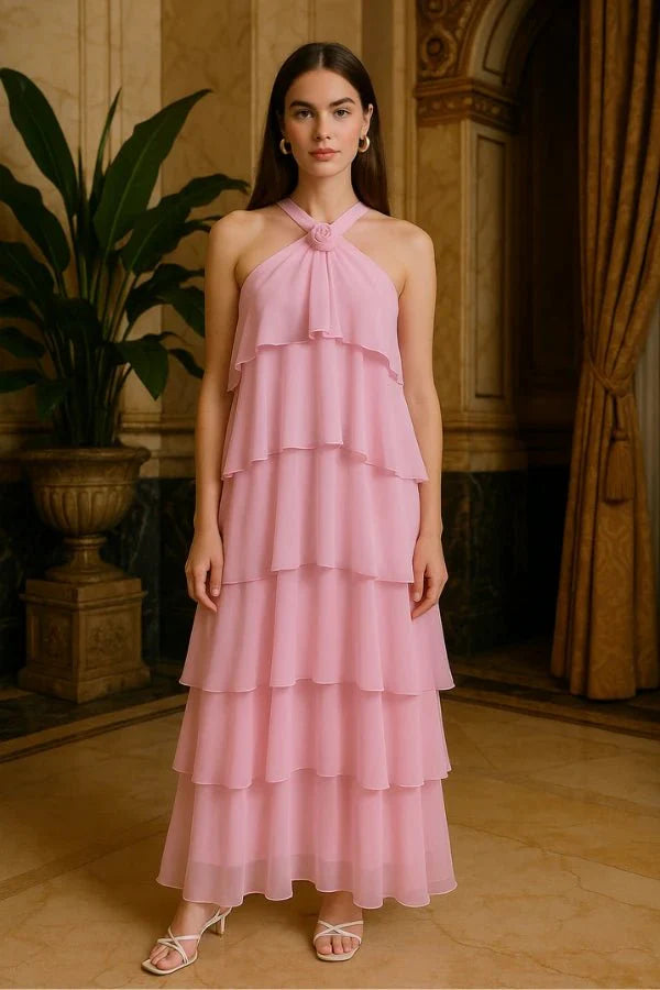 Maxi Dress Halter Neck Tiered Ruffle Elegant Evening Style