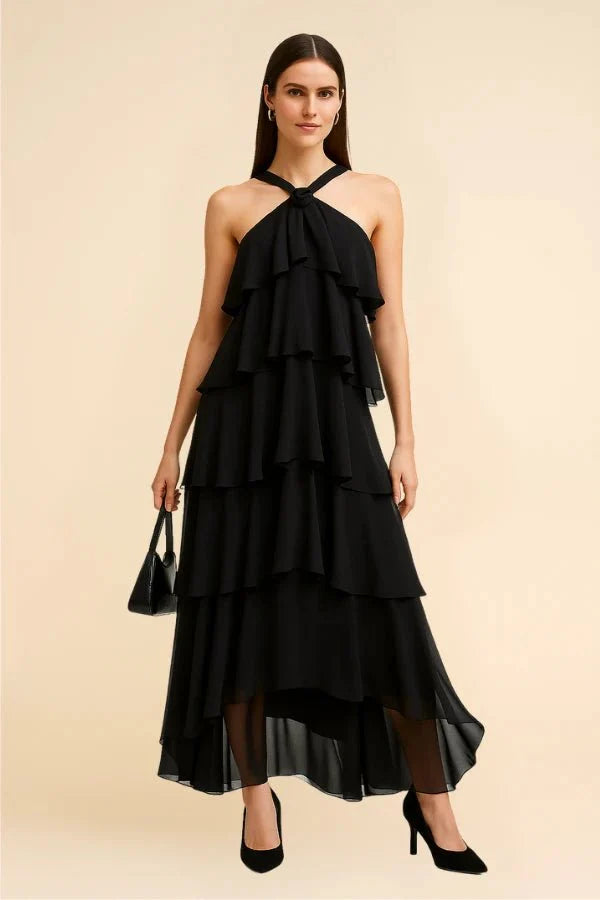 Maxi Dress Halter Neck Tiered Ruffle Elegant Evening Style