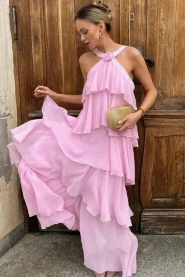 Maxi Dress Halter Neck Tiered Ruffle Elegant Evening Style