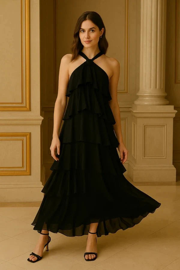 Maxi Dress Halter Neck Tiered Ruffle Elegant Evening Style
