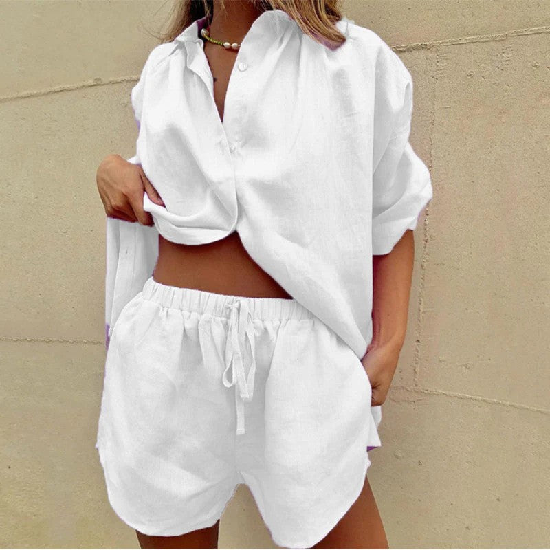 Two Piece Set Women Blouse Pants Airy Relaxed Fit Elegant Style