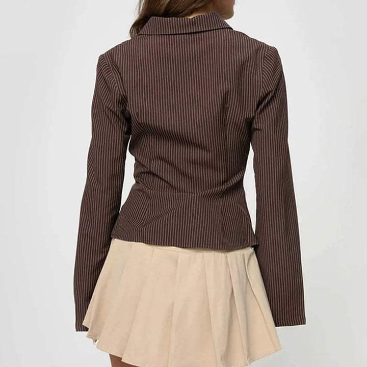 Blouse Pinstripe Button Up Flared Sleeve Retro Style