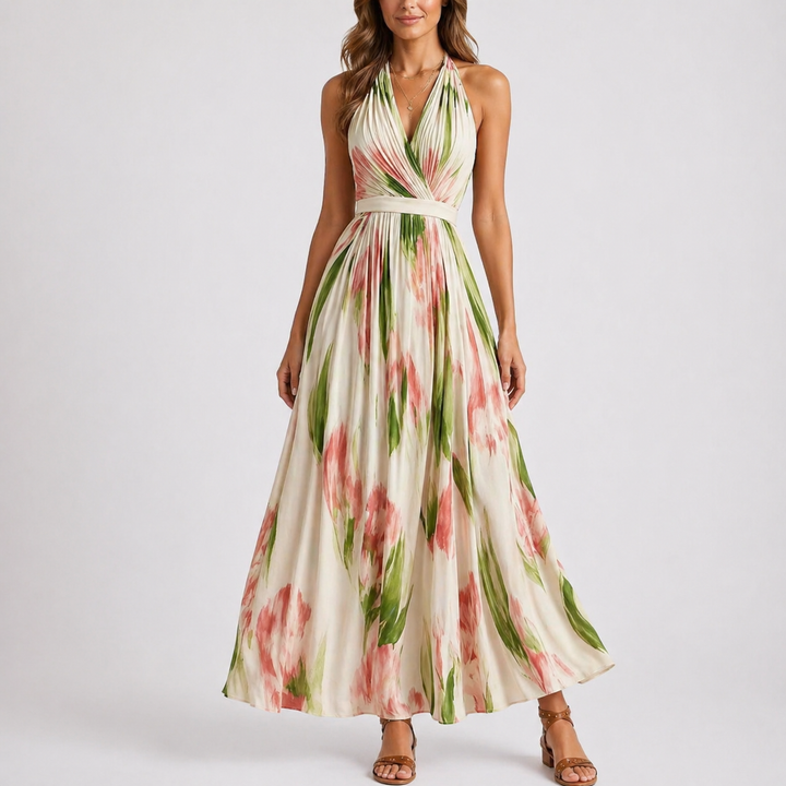 Maxi Dress Halter Neck Watercolour Floral Print Elegant Style