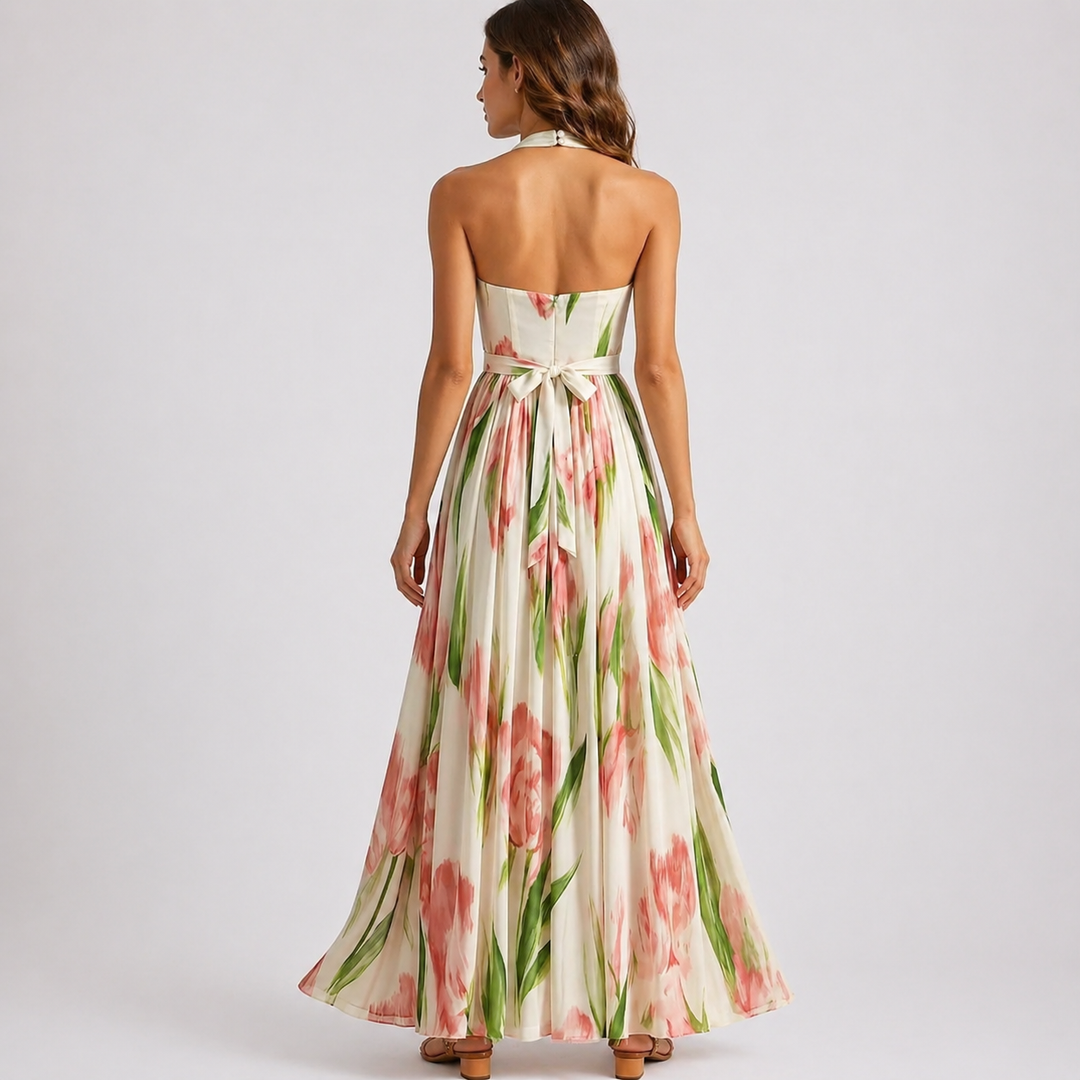 Maxi Dress Halter Neck Watercolour Floral Print Elegant Style