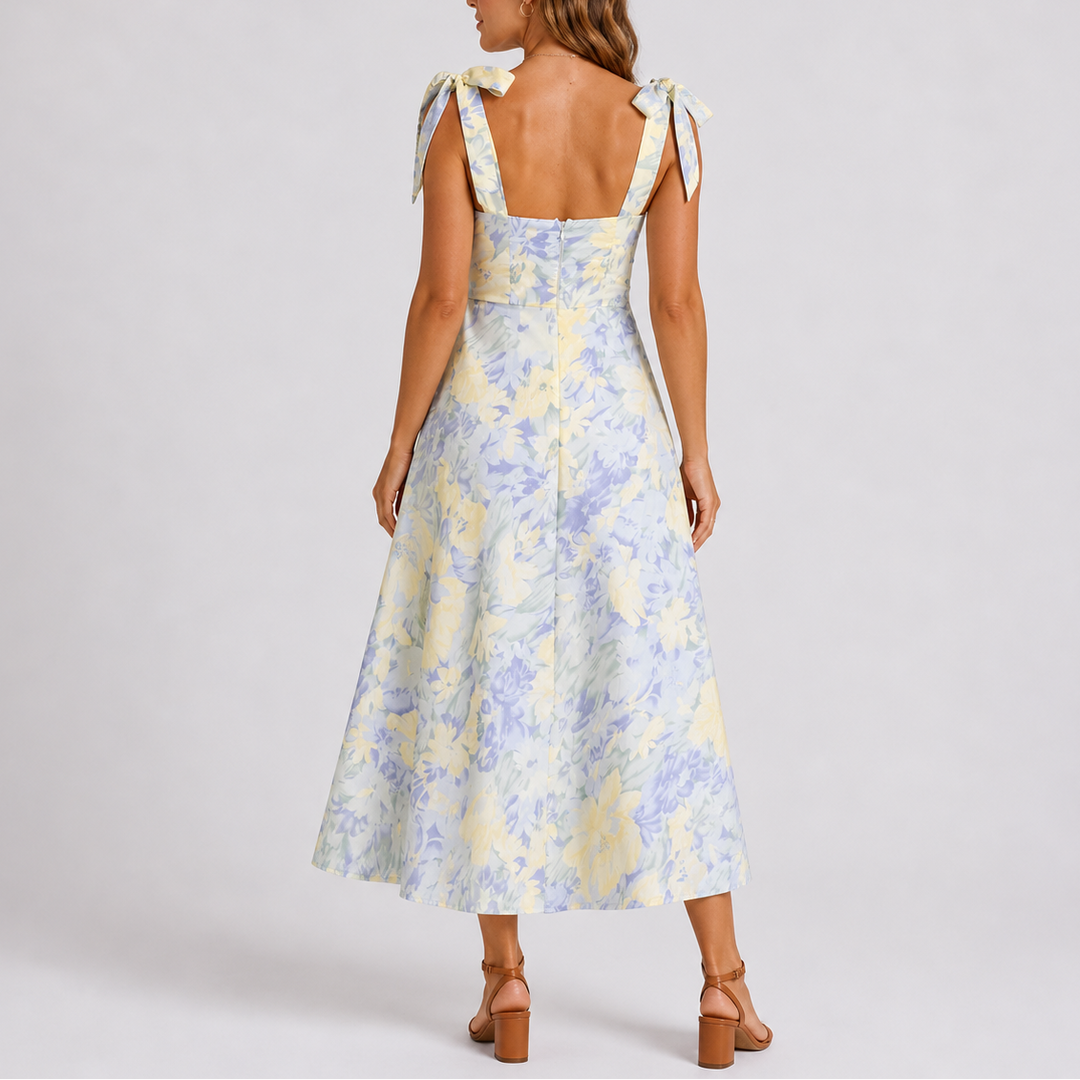 Midi Dress Pastel Floral Ruched Bodice Tie Shoulder Elegant Style
