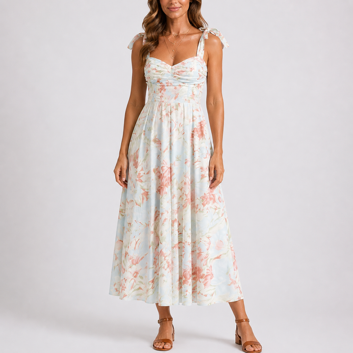 Midi Dress Pastel Floral Ruched Bodice Tie Shoulder Elegant Style