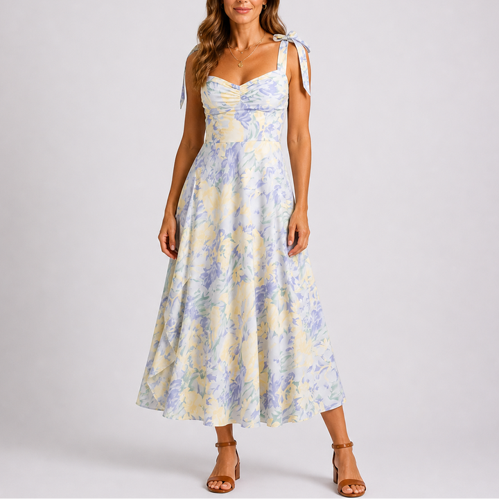 Midi Dress Pastel Floral Ruched Bodice Tie Shoulder Elegant Style