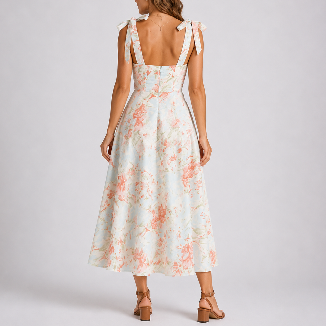 Midi Dress Pastel Floral Ruched Bodice Tie Shoulder Elegant Style