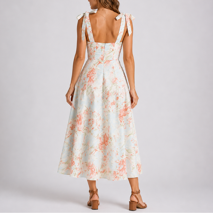 Midi Dress Pastel Floral Ruched Bodice Tie Shoulder Elegant Style