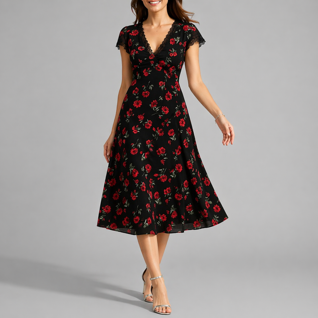 Midi Dress Floral Print V Neck Elegant Feminine Style