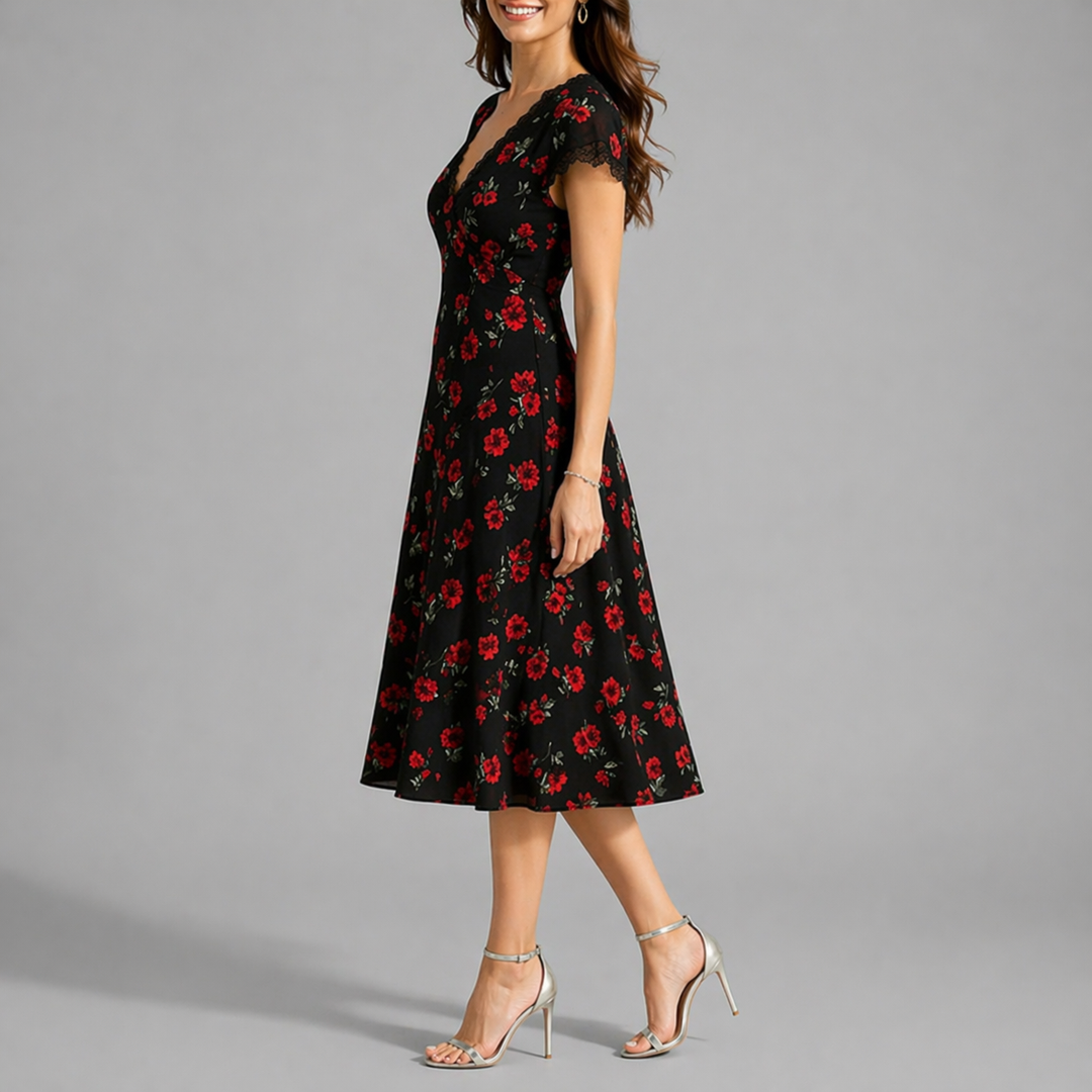 Midi Dress Floral Print V Neck Elegant Feminine Style
