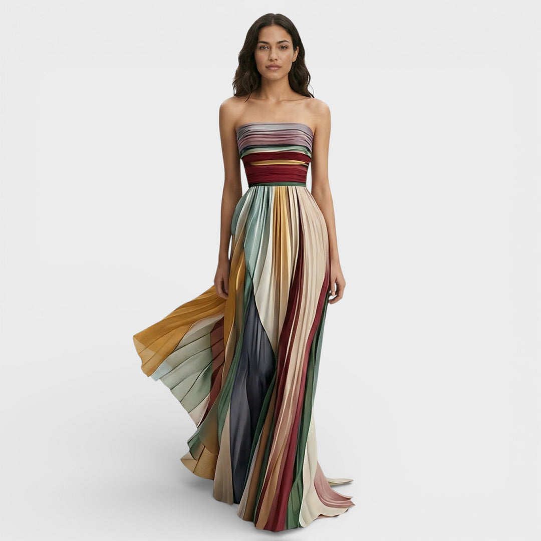 Long Dress for Women with Pleated Bustier and Pleated Skirt