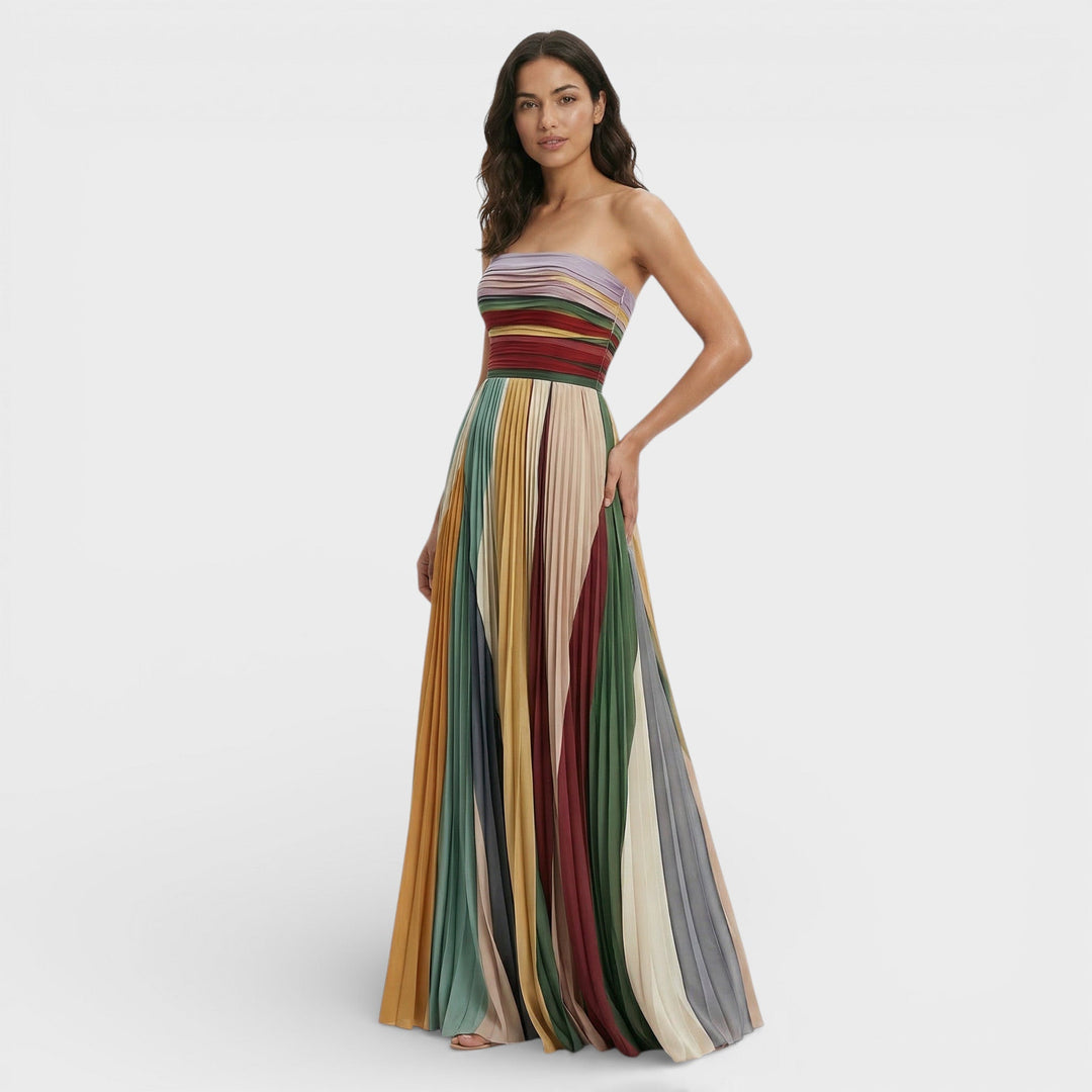 Long Dress for Women with Pleated Bustier and Pleated Skirt