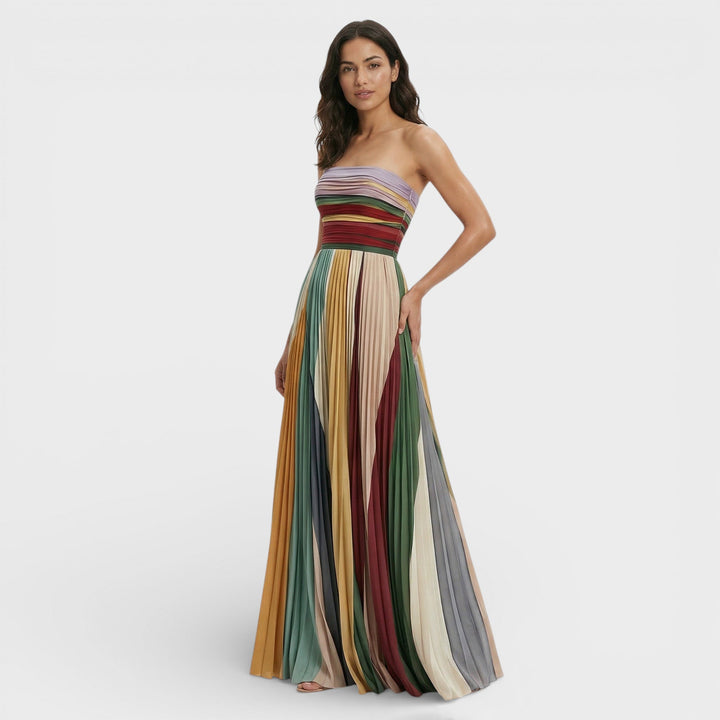 Long Dress for Women with Pleated Bustier and Pleated Skirt