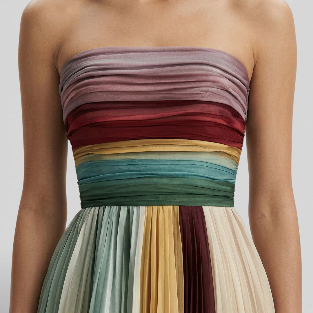 Long Dress for Women with Pleated Bustier and Pleated Skirt