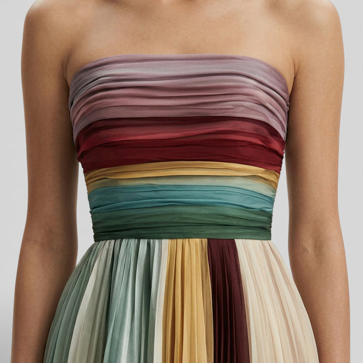 Long Dress for Women with Pleated Bustier and Pleated Skirt