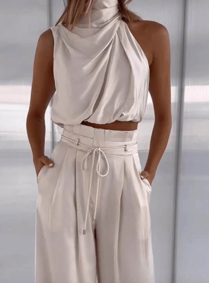 Two Piece Set Women Sleeveless Top Wide Leg Pants Elegant Fit